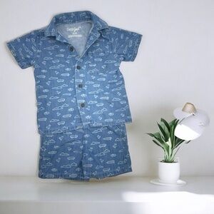 Cat & Jack Short Sleeve Denim Button-Down Shirt Pull On Shorts Set Medium Wash